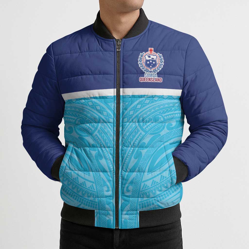 Queensland Samoa Custom Bomber Puffer Jacket Blue Pacific Polynesian Tribal Pattern - Aussie Hoodie