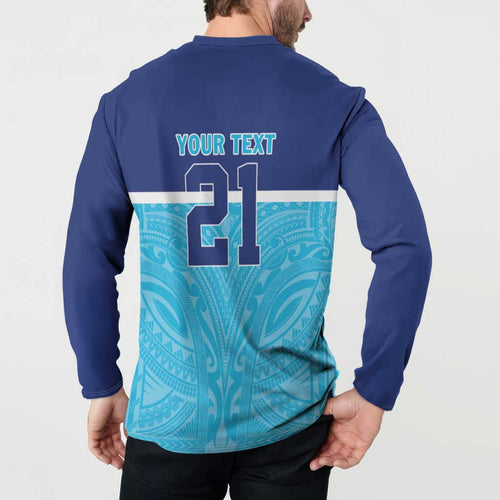 Queensland Samoa Custom Button Sweatshirt Blue Pacific Polynesian Tribal Pattern