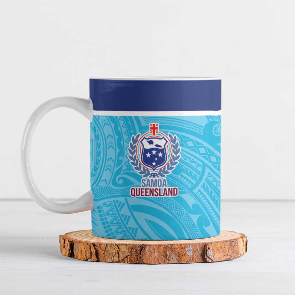 Queensland Samoa Custom Ceramic Mug Blue Pacific Polynesian Tribal Pattern - Aussie Hoodie