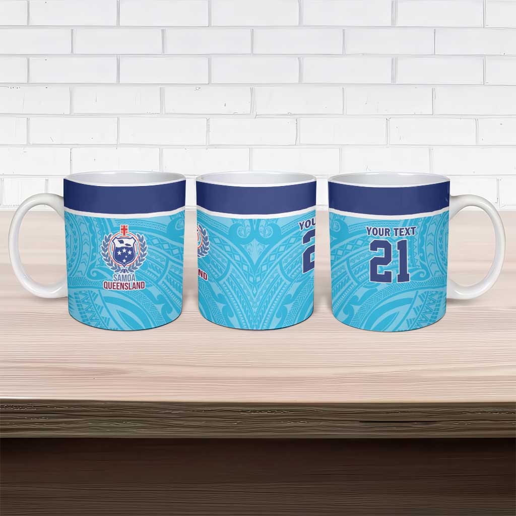 Queensland Samoa Custom Ceramic Mug Blue Pacific Polynesian Tribal Pattern - Aussie Hoodie
