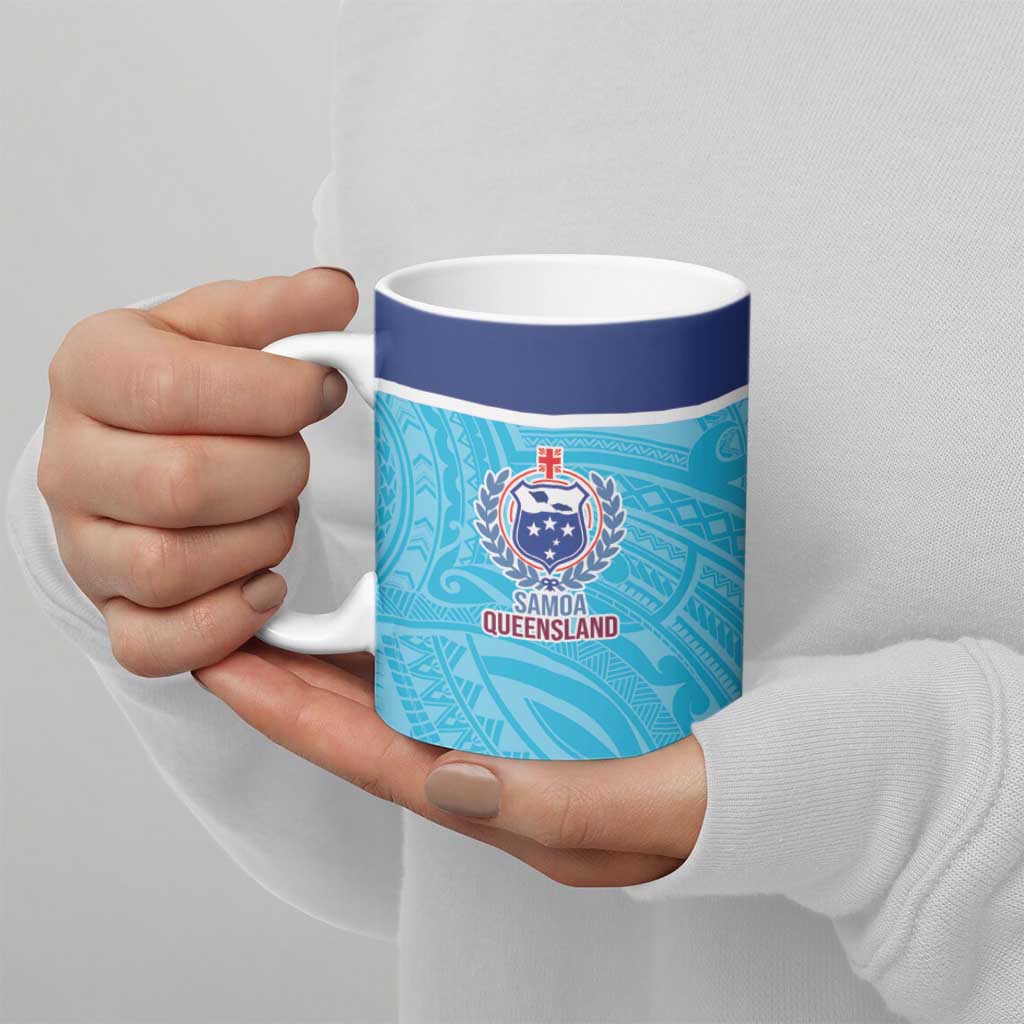 Queensland Samoa Custom Ceramic Mug Blue Pacific Polynesian Tribal Pattern - Aussie Hoodie
