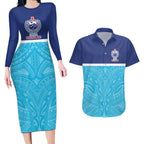 Queensland Samoa Custom Couples Matching Long Sleeve Bodycon Dress and Hawaiian Shirt Blue Pacific Polynesian Tribal Pattern