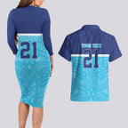 Queensland Samoa Custom Couples Matching Long Sleeve Bodycon Dress and Hawaiian Shirt Blue Pacific Polynesian Tribal Pattern