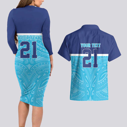 Queensland Samoa Custom Couples Matching Long Sleeve Bodycon Dress and Hawaiian Shirt Blue Pacific Polynesian Tribal Pattern