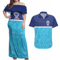 Queensland Samoa Custom Couples Matching Off Shoulder Maxi Dress and Hawaiian Shirt Blue Pacific Polynesian Tribal Pattern
