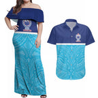Queensland Samoa Custom Couples Matching Off Shoulder Maxi Dress and Hawaiian Shirt Blue Pacific Polynesian Tribal Pattern