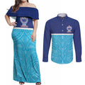 Queensland Samoa Custom Couples Matching Off Shoulder Maxi Dress and Long Sleeve Button Shirt Blue Pacific Polynesian Tribal Pattern