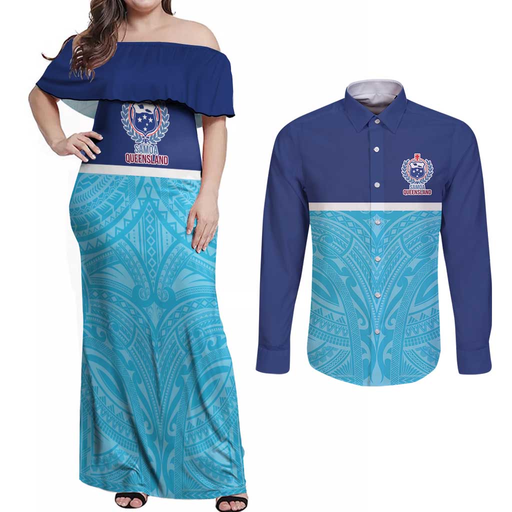 Queensland Samoa Custom Couples Matching Off Shoulder Maxi Dress and Long Sleeve Button Shirt Blue Pacific Polynesian Tribal Pattern