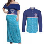 Queensland Samoa Custom Couples Matching Off Shoulder Maxi Dress and Long Sleeve Button Shirt Blue Pacific Polynesian Tribal Pattern