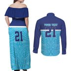 Queensland Samoa Custom Couples Matching Off Shoulder Maxi Dress and Long Sleeve Button Shirt Blue Pacific Polynesian Tribal Pattern