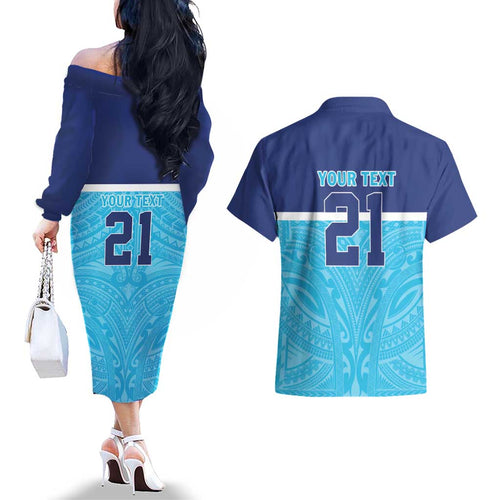 Queensland Samoa Custom Couples Matching Off The Shoulder Long Sleeve Dress and Hawaiian Shirt Blue Pacific Polynesian Tribal Pattern