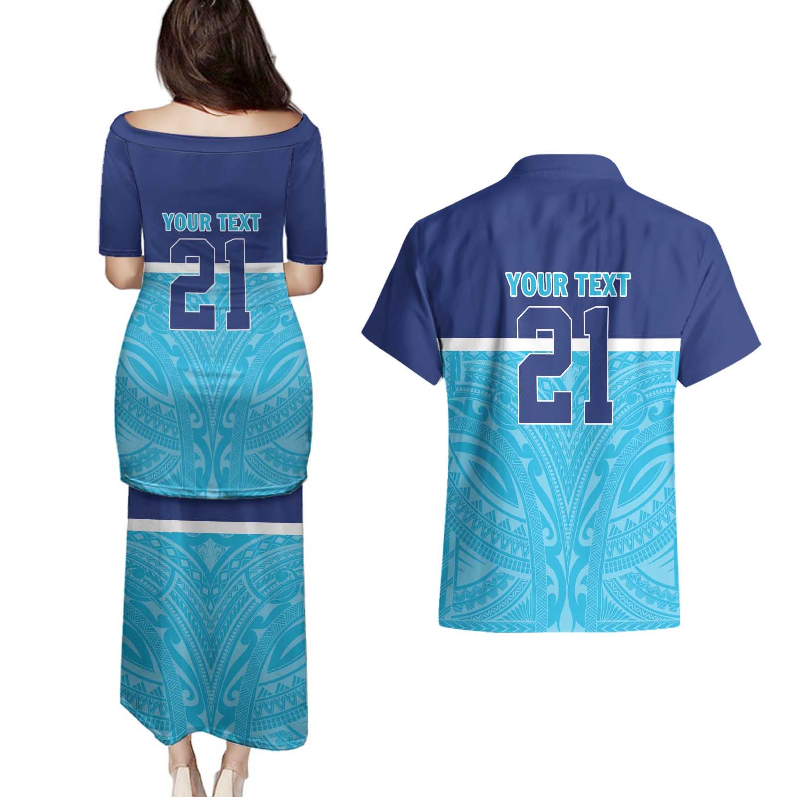 Queensland Samoa Custom Couples Matching Puletasi and Hawaiian Shirt Blue Pacific Polynesian Tribal Pattern