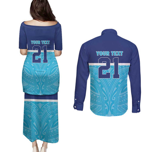 Queensland Samoa Custom Couples Matching Puletasi and Long Sleeve Button Shirt Blue Pacific Polynesian Tribal Pattern