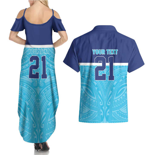 Queensland Samoa Custom Couples Matching Summer Maxi Dress and Hawaiian Shirt Blue Pacific Polynesian Tribal Pattern