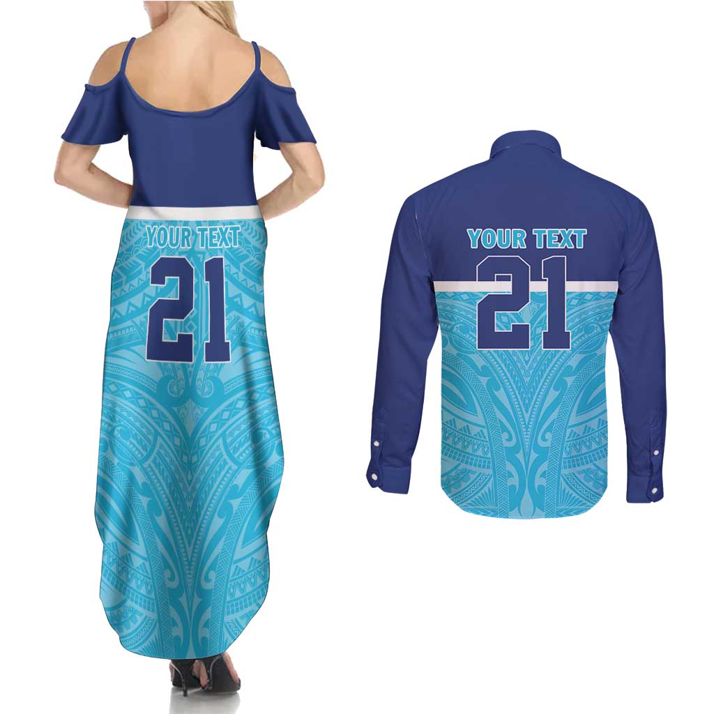 Queensland Samoa Custom Couples Matching Summer Maxi Dress and Long Sleeve Button Shirt Blue Pacific Polynesian Tribal Pattern