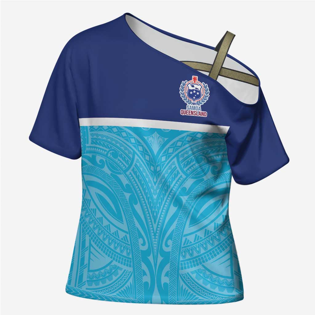 Queensland Samoa Custom Cross Shoulder Shirt Blue Pacific Polynesian Tribal Pattern - Aussie Hoodie
