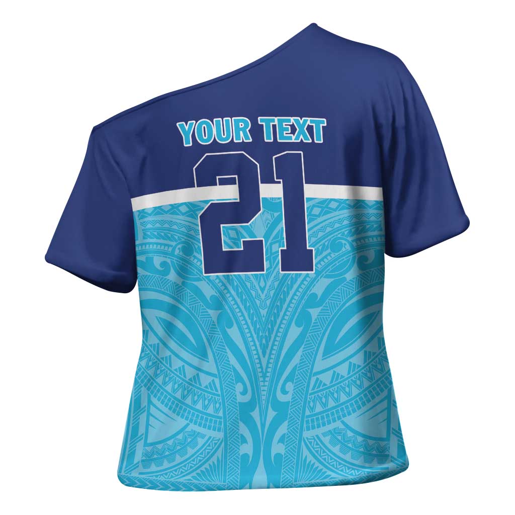 Queensland Samoa Custom Cross Shoulder Shirt Blue Pacific Polynesian Tribal Pattern - Aussie Hoodie