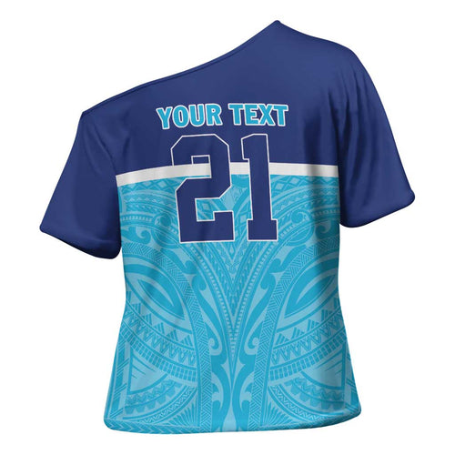 Queensland Samoa Custom Cross Shoulder Shirt Blue Pacific Polynesian Tribal Pattern - Aussie Hoodie