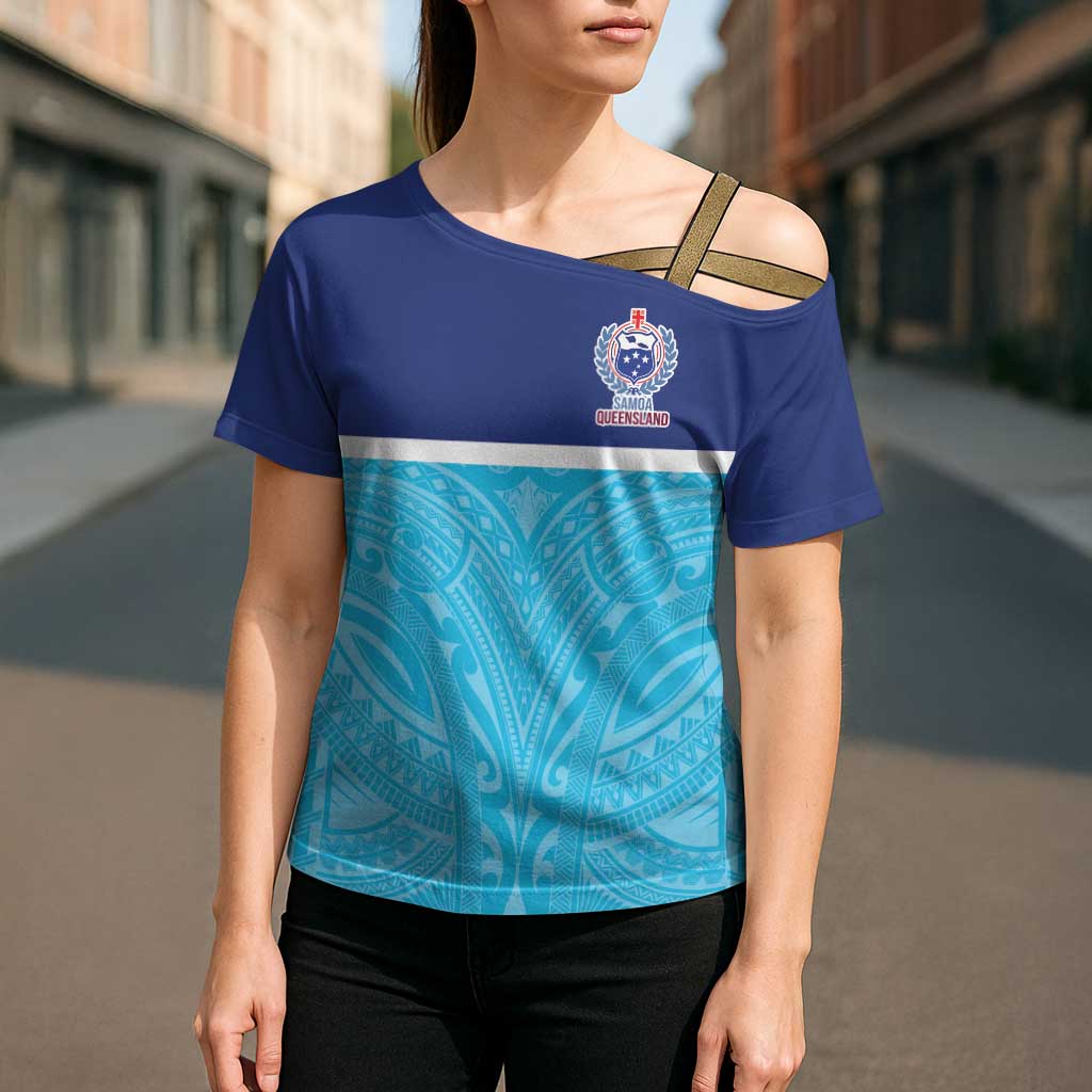 Queensland Samoa Custom Cross Shoulder Shirt Blue Pacific Polynesian Tribal Pattern - Aussie Hoodie