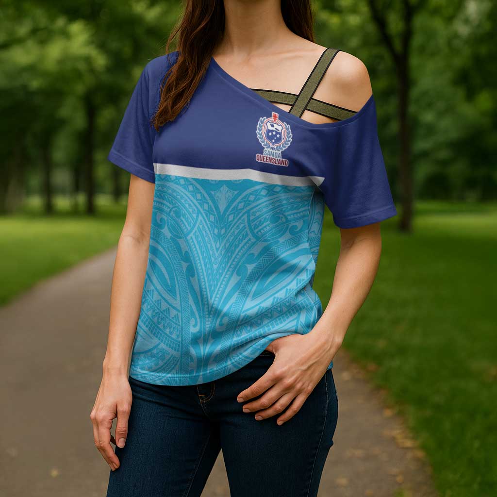 Queensland Samoa Custom Cross Shoulder Shirt Blue Pacific Polynesian Tribal Pattern - Aussie Hoodie