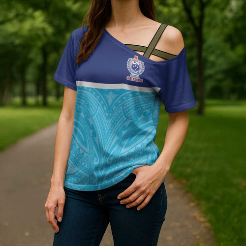 Queensland Samoa Custom Cross Shoulder Shirt Blue Pacific Polynesian Tribal Pattern - Aussie Hoodie