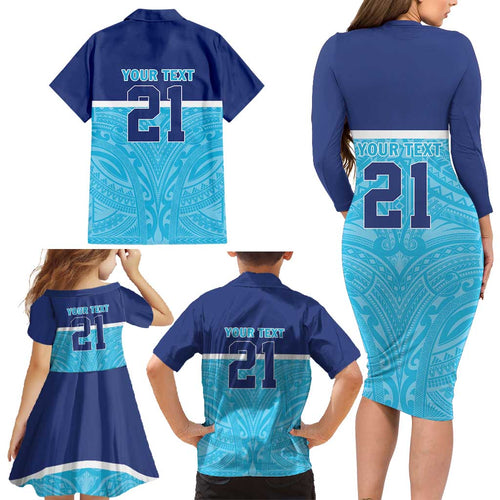 Queensland Samoa Custom Family Matching Long Sleeve Bodycon Dress and Hawaiian Shirt Blue Pacific Polynesian Tribal Pattern