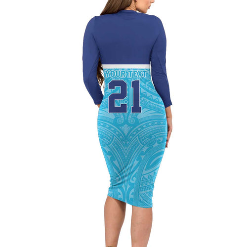 Queensland Samoa Custom Family Matching Long Sleeve Bodycon Dress and Hawaiian Shirt Blue Pacific Polynesian Tribal Pattern