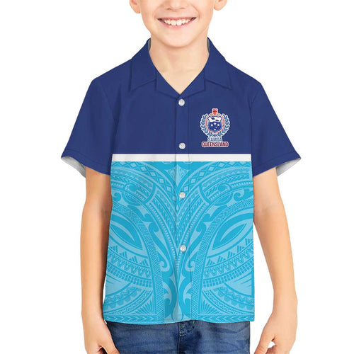 Queensland Samoa Custom Family Matching Off Shoulder Short Dress and Hawaiian Shirt Blue Pacific Polynesian Tribal Pattern