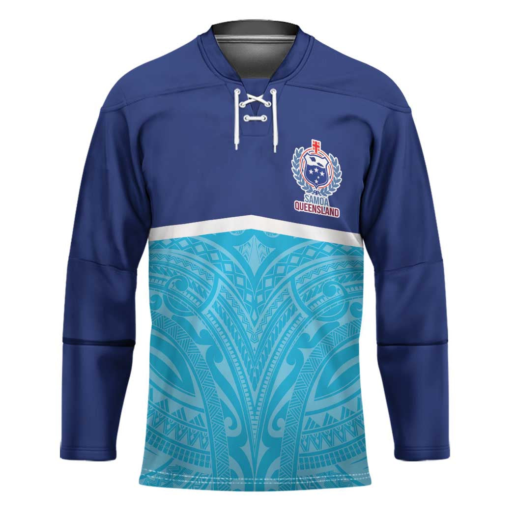 Queensland Samoa Custom Hockey Jersey Blue Pacific Polynesian Tribal Pattern - Aussie Hoodie