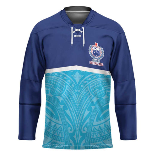 Queensland Samoa Custom Hockey Jersey Blue Pacific Polynesian Tribal Pattern - Aussie Hoodie