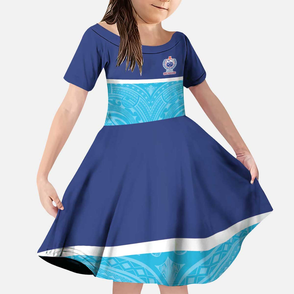 Queensland Samoa Custom Kid Short Sleeve Dress Blue Pacific Polynesian Tribal Pattern