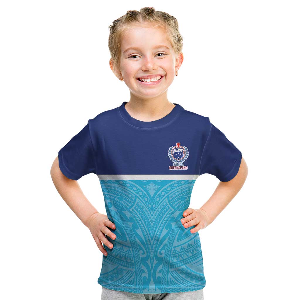 Queensland Samoa Custom Kid T Shirt Blue Pacific Polynesian Tribal Pattern