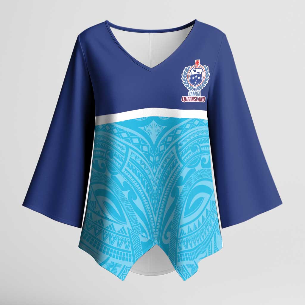 Queensland Samoa Custom Kimono Sleeve Blouse Blue Pacific Polynesian Tribal Pattern - Aussie Hoodie