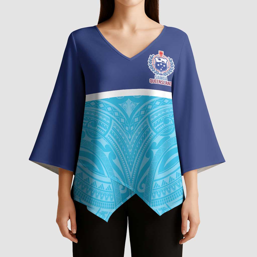 Queensland Samoa Custom Kimono Sleeve Blouse Blue Pacific Polynesian Tribal Pattern - Aussie Hoodie