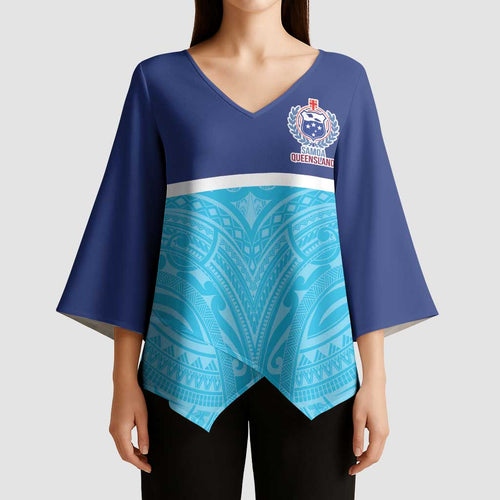 Queensland Samoa Custom Kimono Sleeve Blouse Blue Pacific Polynesian Tribal Pattern - Aussie Hoodie