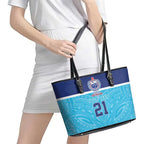 Queensland Samoa Custom Leather Tote Bag Blue Pacific Polynesian Tribal Pattern