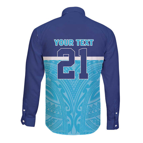 Queensland Samoa Custom Long Sleeve Button Shirt Blue Pacific Polynesian Tribal Pattern