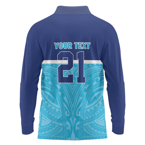 Queensland Samoa Custom Long Sleeve Polo Shirt Blue Pacific Polynesian Tribal Pattern
