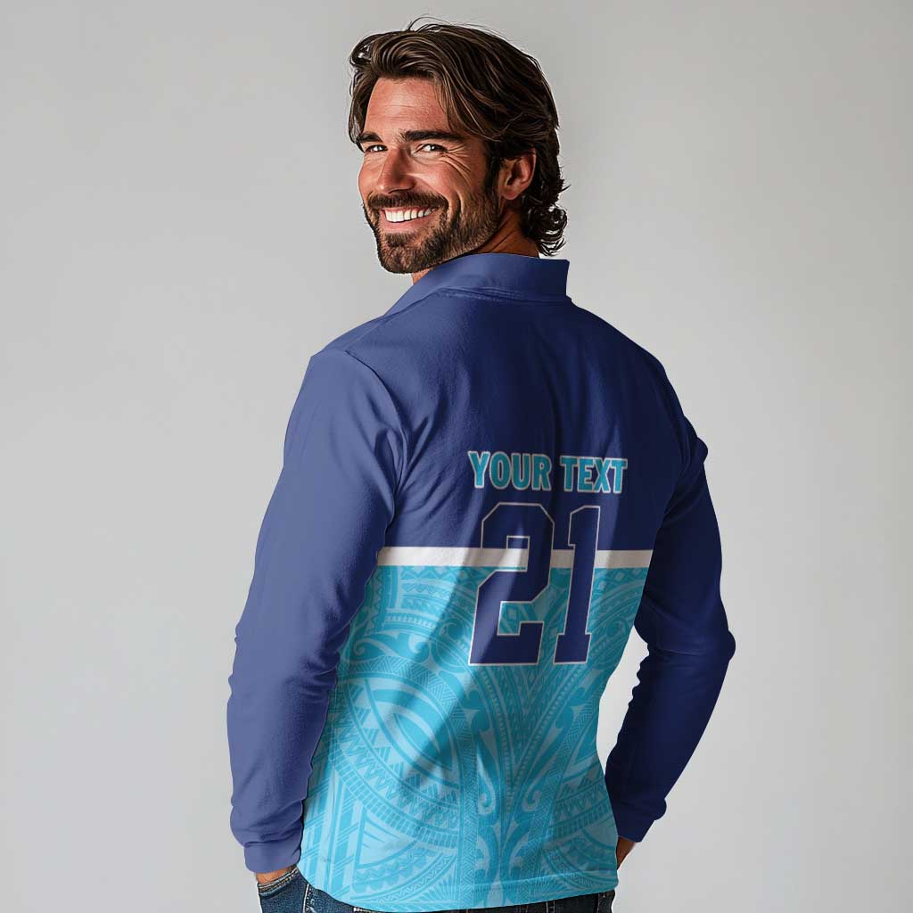 Queensland Samoa Custom Long Sleeve Polo Shirt Blue Pacific Polynesian Tribal Pattern