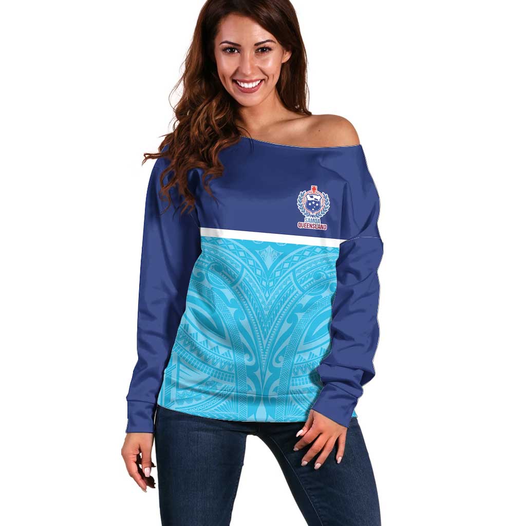 Queensland Samoa Custom Off Shoulder Sweater Blue Pacific Polynesian Tribal Pattern