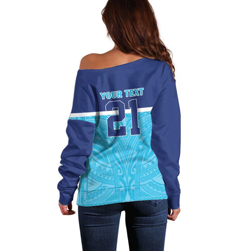 Queensland Samoa Custom Off Shoulder Sweater Blue Pacific Polynesian Tribal Pattern
