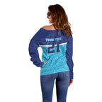Queensland Samoa Custom Off Shoulder Sweater Blue Pacific Polynesian Tribal Pattern