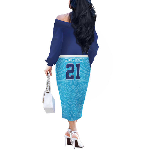 Queensland Samoa Custom Off The Shoulder Long Sleeve Dress Blue Pacific Polynesian Tribal Pattern