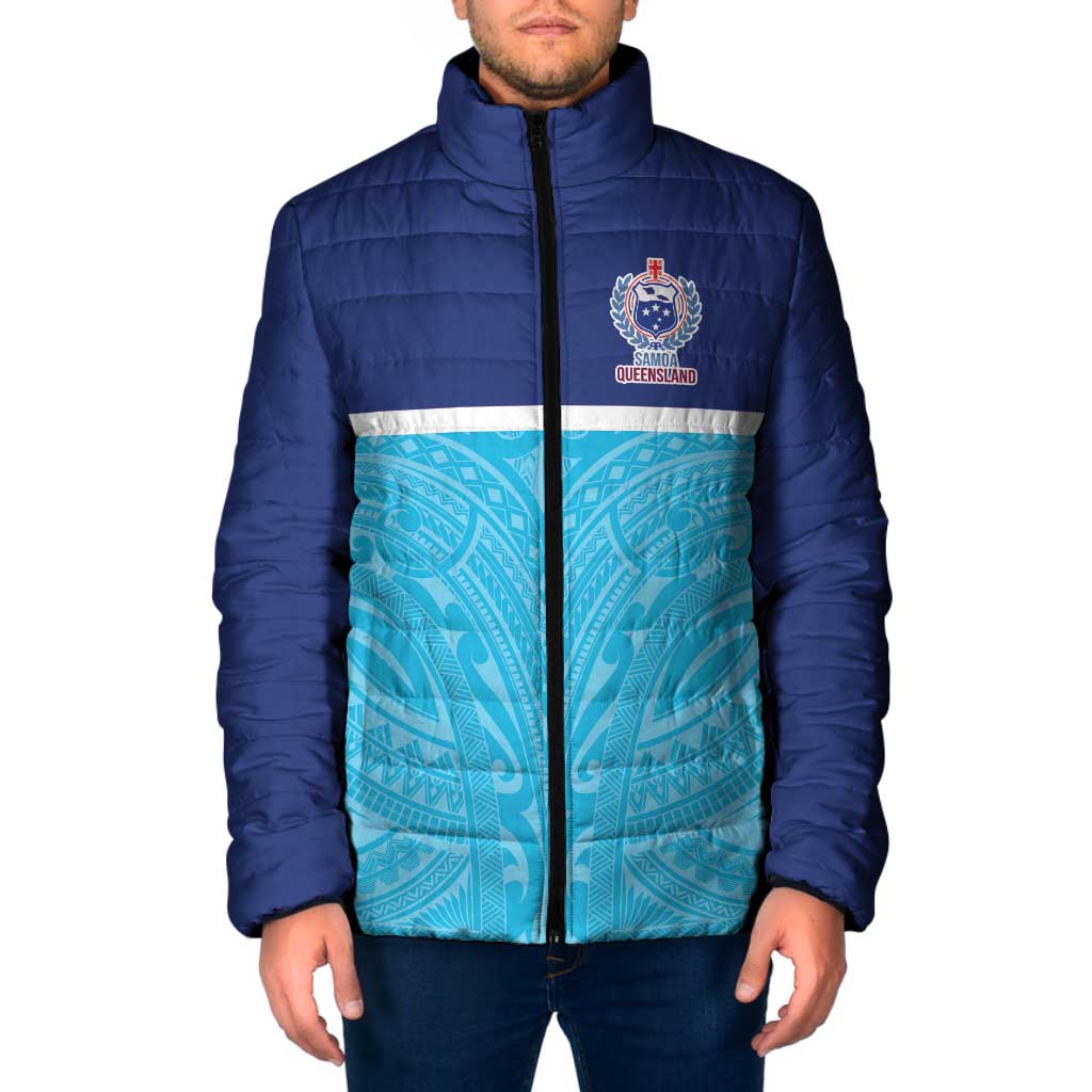 Queensland Samoa Custom Padded Jacket Blue Pacific Polynesian Tribal Pattern - Aussie Hoodie