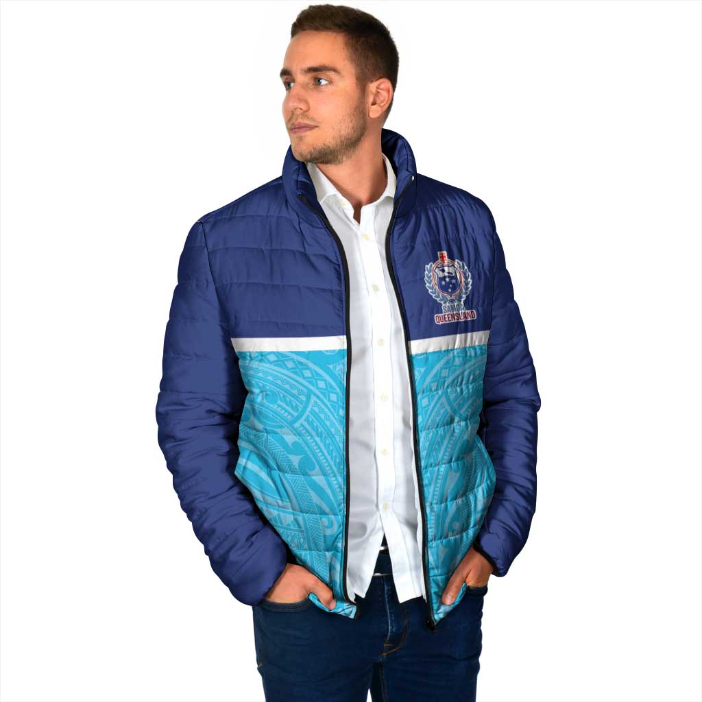 Queensland Samoa Custom Padded Jacket Blue Pacific Polynesian Tribal Pattern - Aussie Hoodie