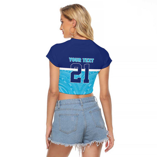 Queensland Samoa Custom Raglan Cropped T Shirt Blue Pacific Polynesian Tribal Pattern