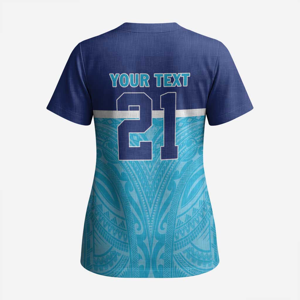 Queensland Samoa Custom Scrub Top Blue Pacific Polynesian Tribal Pattern - Aussie Hoodie
