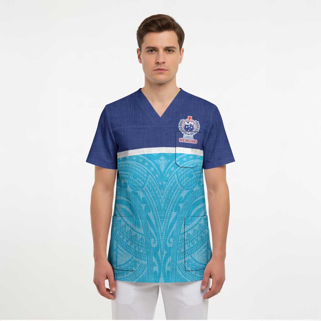 Queensland Samoa Custom Scrub Top Blue Pacific Polynesian Tribal Pattern - Aussie Hoodie