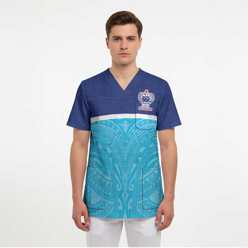 Queensland Samoa Custom Scrub Top Blue Pacific Polynesian Tribal Pattern - Aussie Hoodie