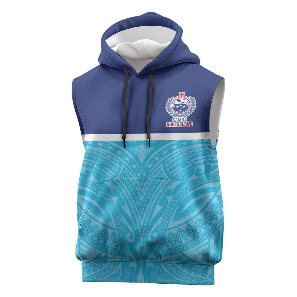 Queensland Samoa Custom Sleeveless Hoodie Blue Pacific Polynesian Tribal Pattern - Aussie Hoodie